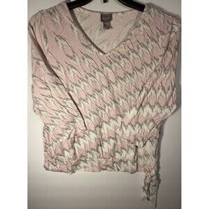 Chico's Women's Pink White Gray Geometric V-Neck Tie 3/4 Sleeve Blouse Size 2